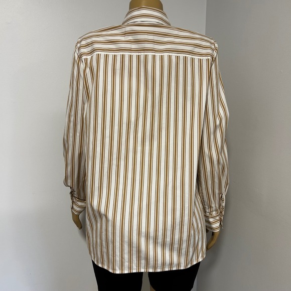 Lafayette 148 New York Tan White Striped Button Down Shirt Blouse M FAB#1Q57 - Picture 3 of 7